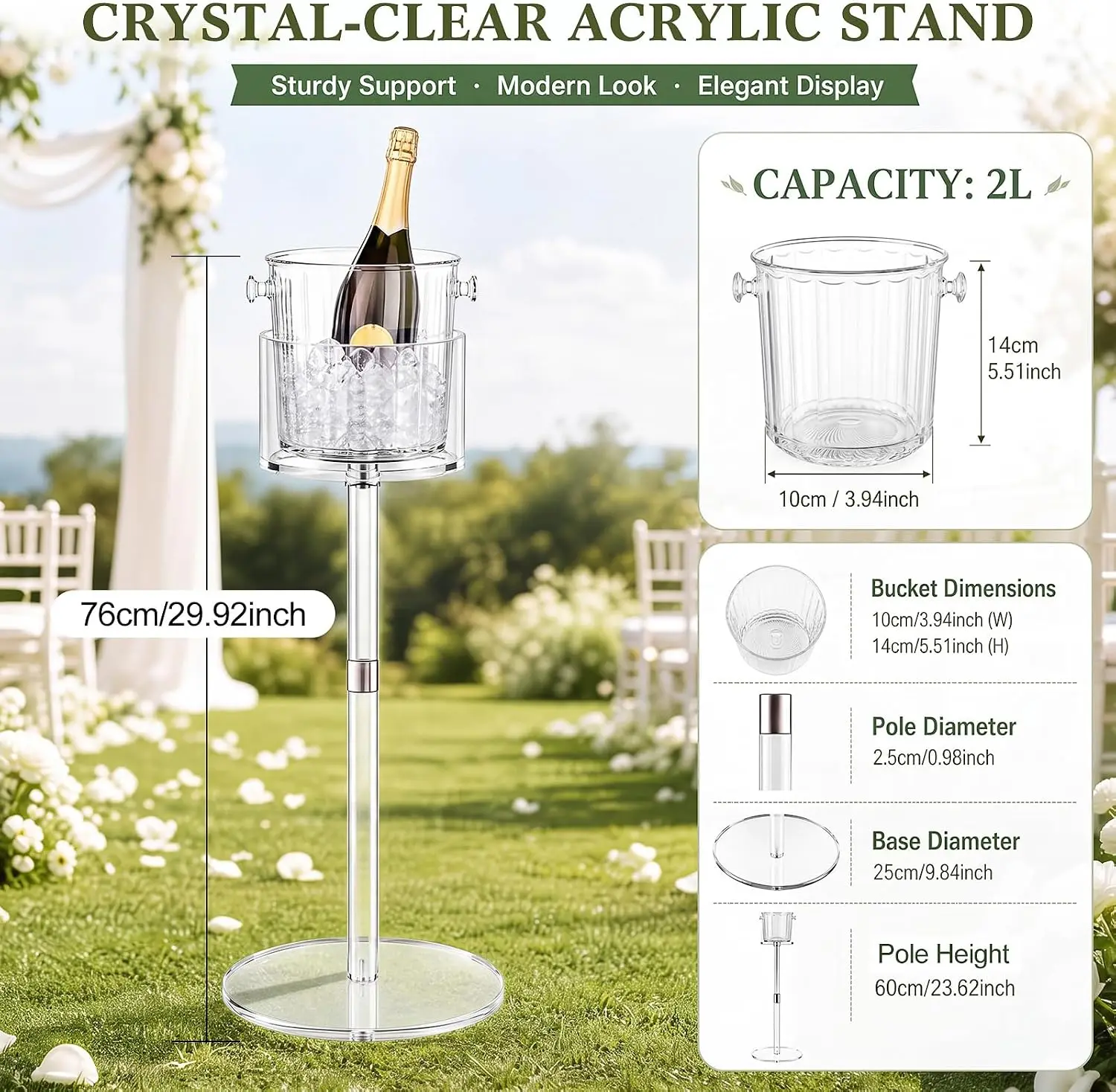 2 Piece Set 2 Liter Acrylic Clear Champagne Ice Bucket Stand
