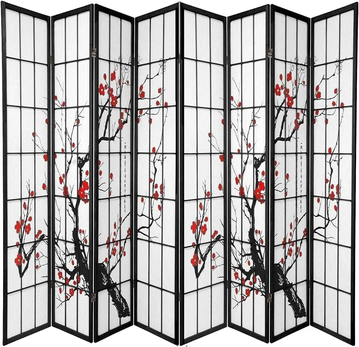Separador de ambientes portátil y plegable de 8 paneles estilo Shoji con diseño de flor de ciruelo - Oficina y estudio - Negro