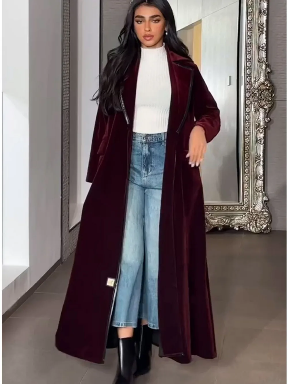 Muslim Women Abaya velvet Trench Coat Eid Lapel Overcoat Ramadan caftan Morocco Dubai Windbreaker Arab Casual Long Outerwear