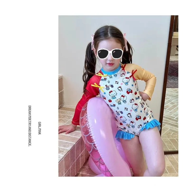 جديد الرسوم المتحركة مرحبا كيتي مطبوعة كم طويل ملابس السباحة الحماية من الشمس تكدرت التجفيف السريع قطعة واحدة ملابس السباحة بالجملة #5