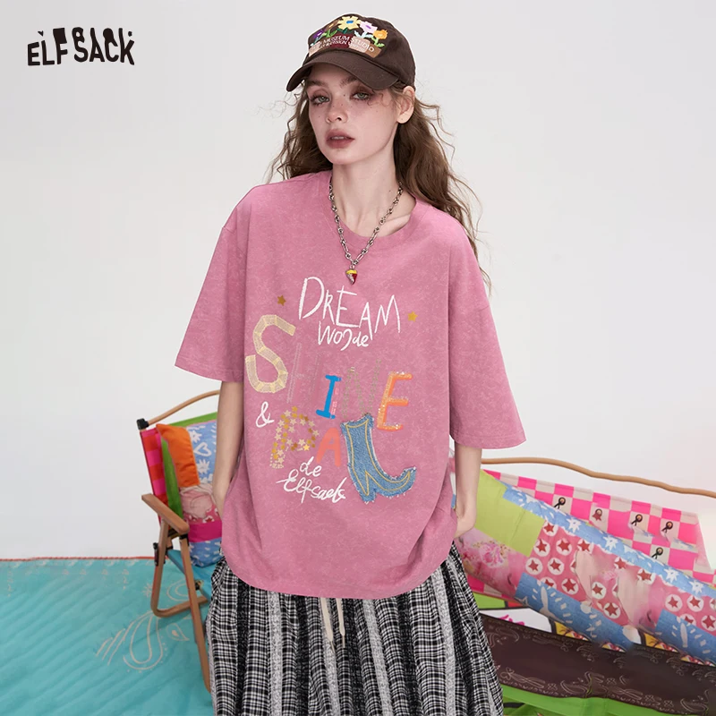 

ELFSACK Oversized Crew Neck Colorful Letter Denim Patch Short Sleeve T-Shirt for Women