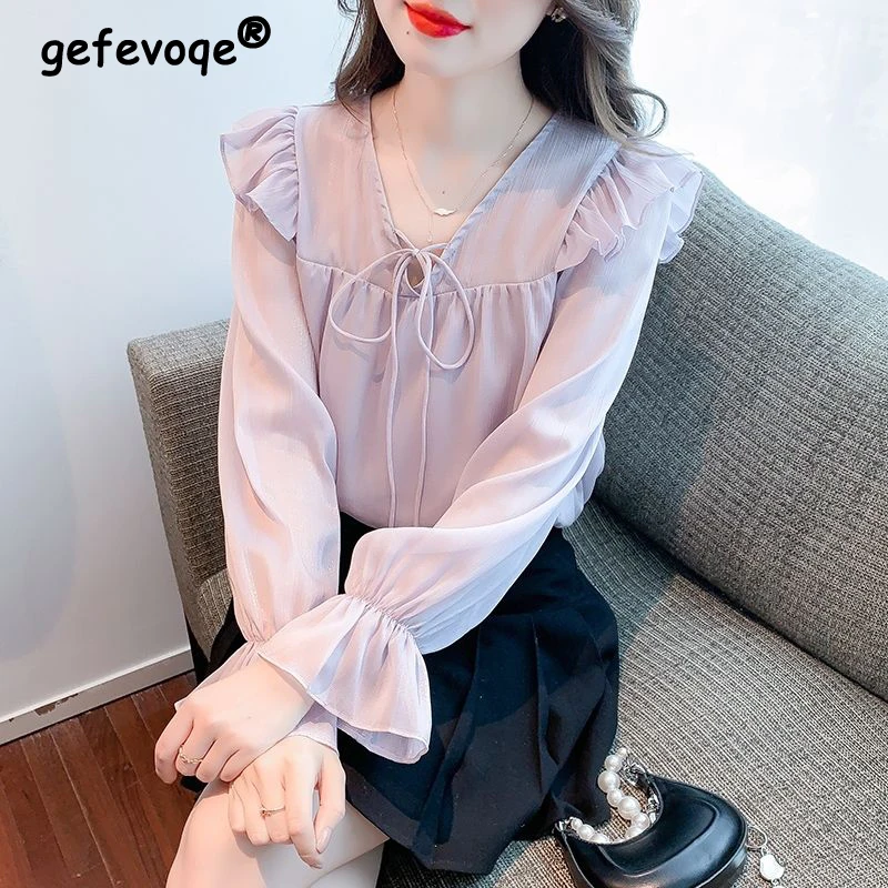 Women Ruffle Lace Up Chic Sweet Blouse Casual Solid V Neck Long Sleeve Fairy Shirt Spring Summer Loose Chiffon Top Female Blusas