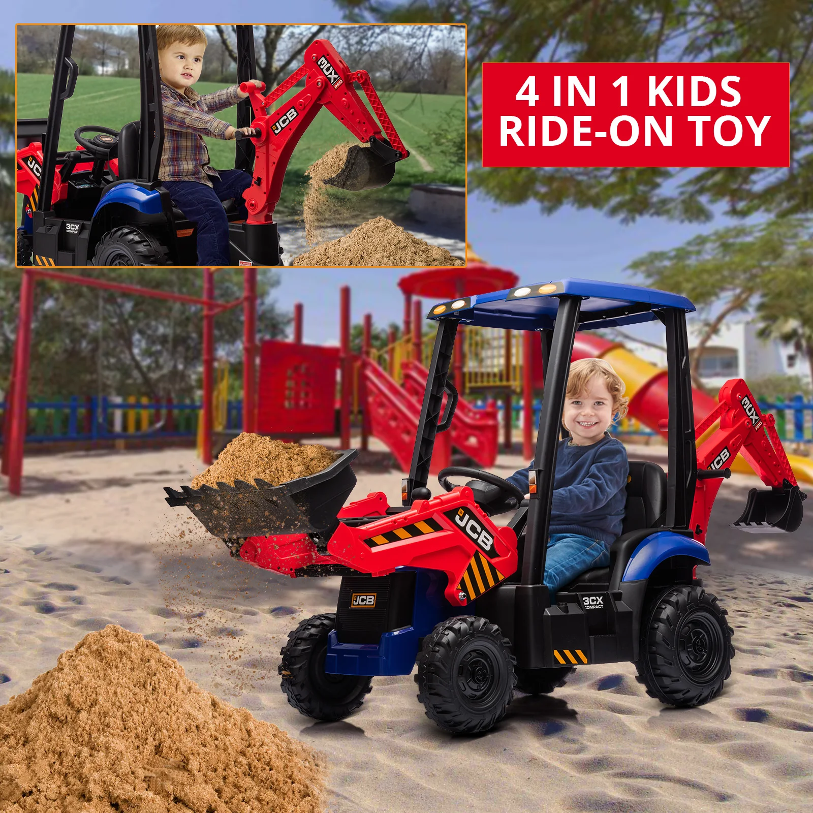 4 in 1 Ride on Excavator & Bulldozer, 12V Kids Electric Vehicle with Remote Control, Front Loader, Excavator Ride on Car, RED