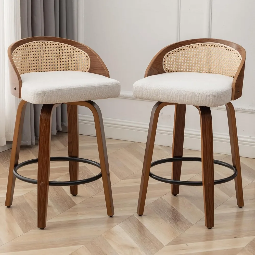 25" Bar Stools Set of 2, Linen Fabric Upholstered Counter Height Stools, Barstools with Rattan Low Backrest, Finish Bar Chair