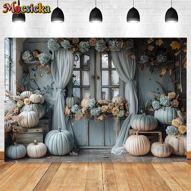 Mocsicka Photography Background Spring Pumpkin Floral Curtains Decor Baby Shower Adult Kids Portrait Backdrop Photo Studio