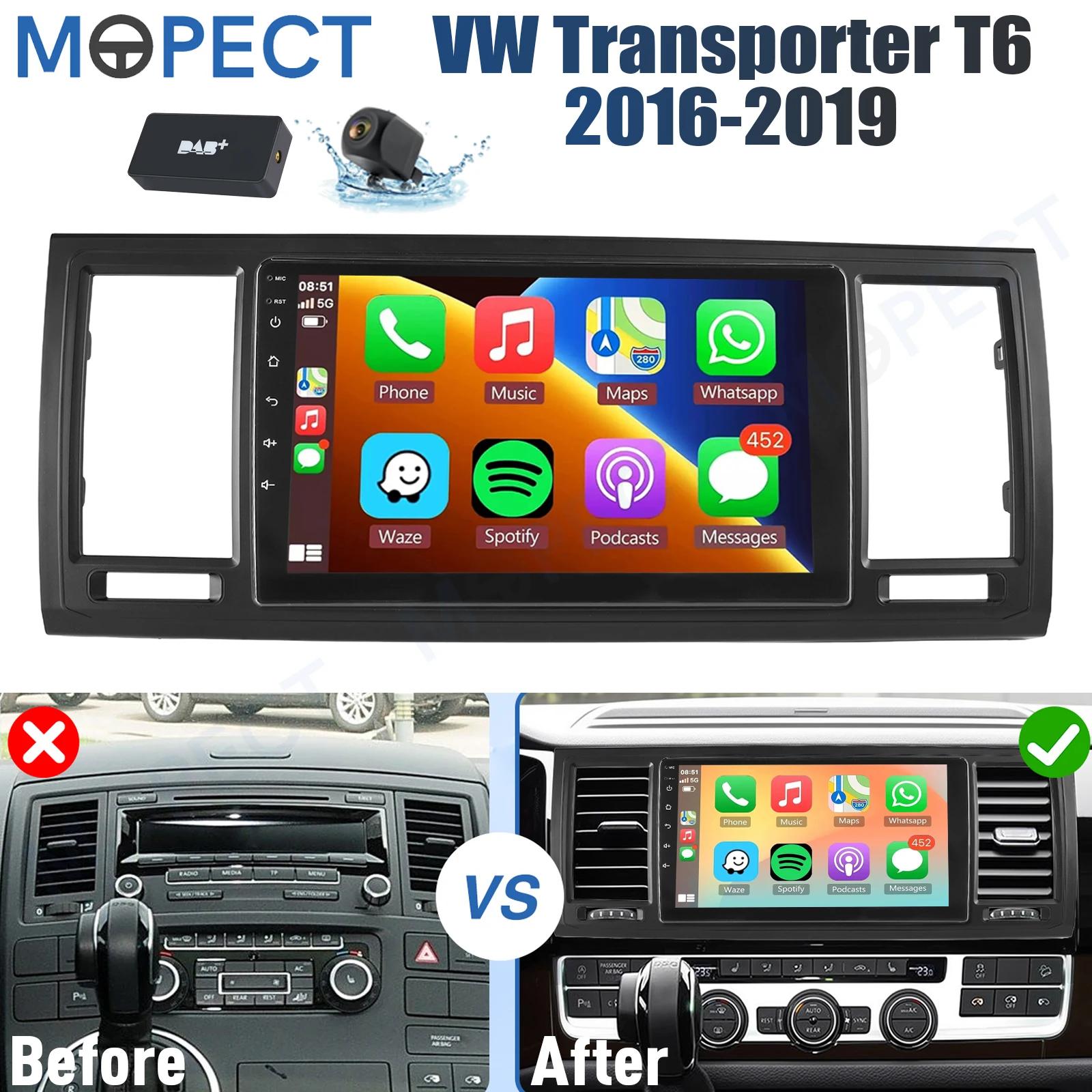 MOPECT 9" Android 15 Carplay autoradio voor VW Transporter T6 2016-2019 met 4G+64G GPS navigatie, Bluetooth, FM/AM/RDS+DAB&DVR&camera