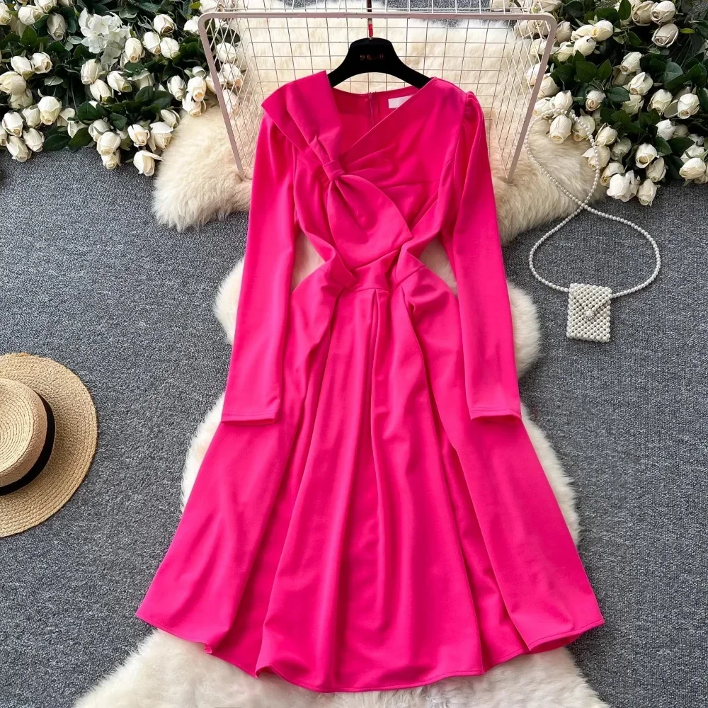 Elegant Long Sleeves Vintage Diagonal Collar Three-dimensional Butterfly Bow Slim Dresses Evening High Street Plus Size Clothing