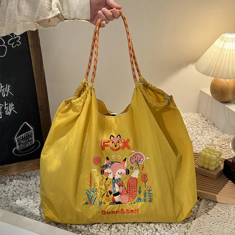 Kawaii Ball Chain Fox Canvas Bag Cartoon Animal Series Girls' Foldable Large Capacity Oxford Shoulder Embroidered Nylon Bag