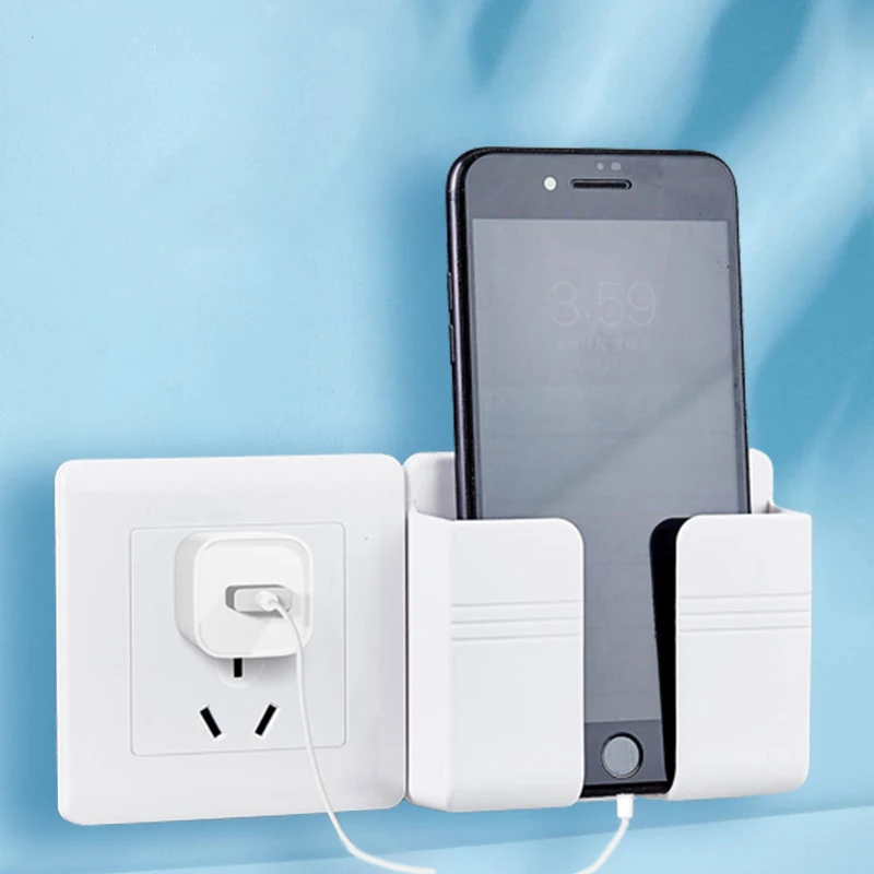 3pcs Wall Mount Phone Holder White Punch Free Wall Mobile Phones Charging Stand Lazy Sticky Remote Control Storage Box image 2