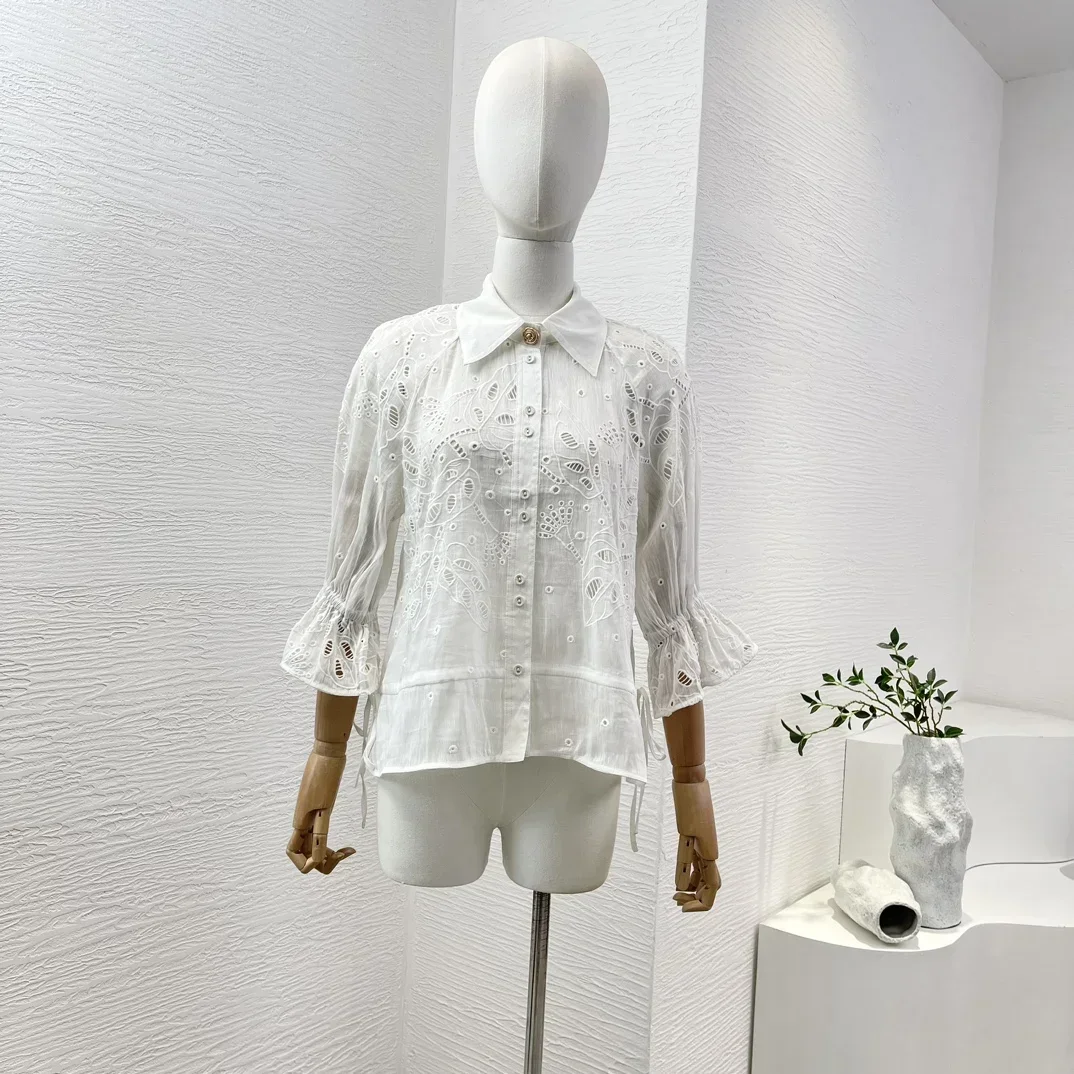 

2024 Newest White Embroidery Hollow Out Half Sleeve Drawstring Waist Women Casual Blouse Tops