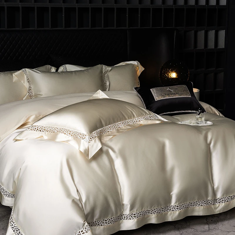 4Pcs Luxury Soft Glossy Silk Cotton Hollow Lace Wide Edge Bedding Set Queen King Duvet Cover Bed Sheet/Fitted Sheet Pillowcases