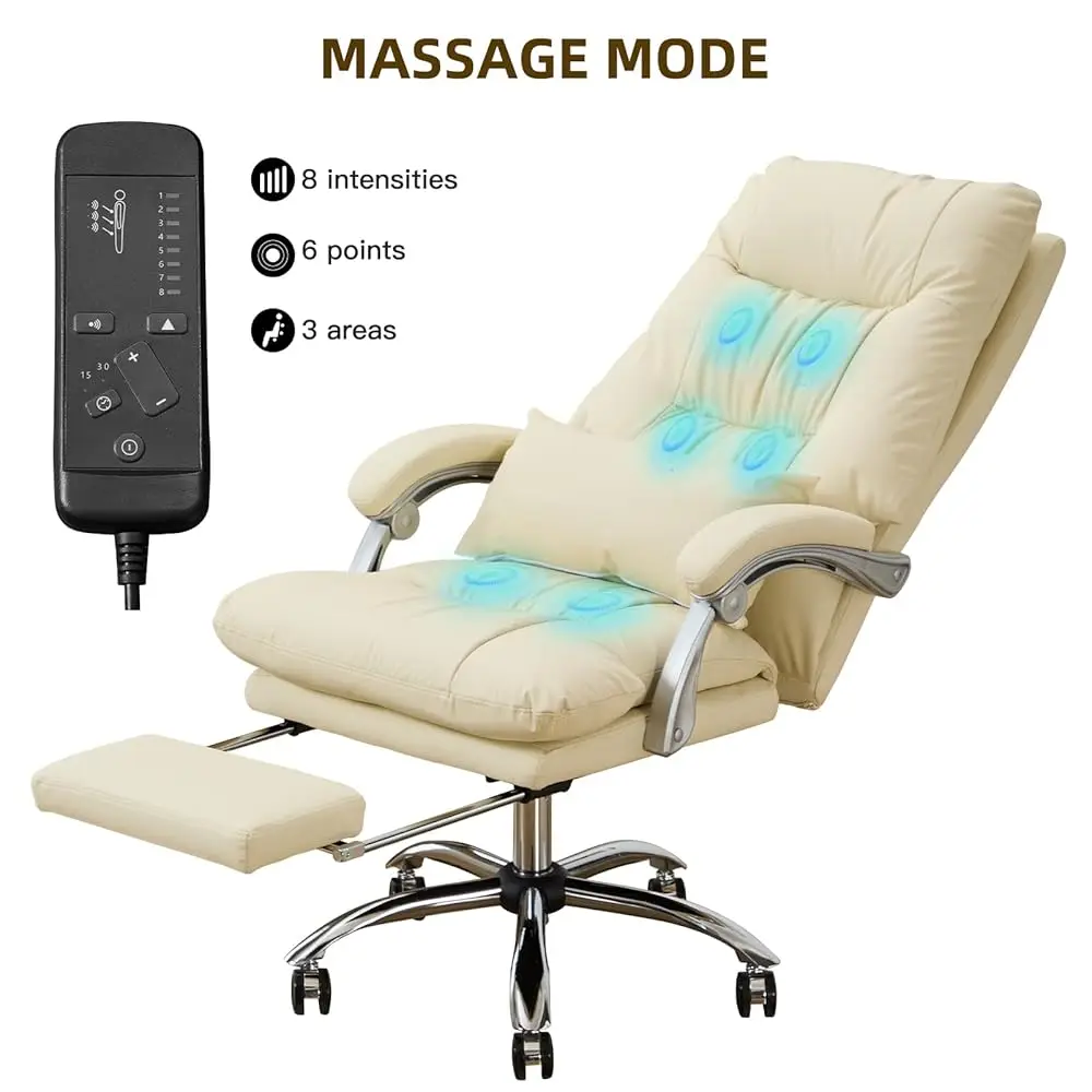 Massage Office Chair With Foot Rest - High Ba 155° Reclining 6 Points Vibration, Leather Office Chair Computer Desk Chair With