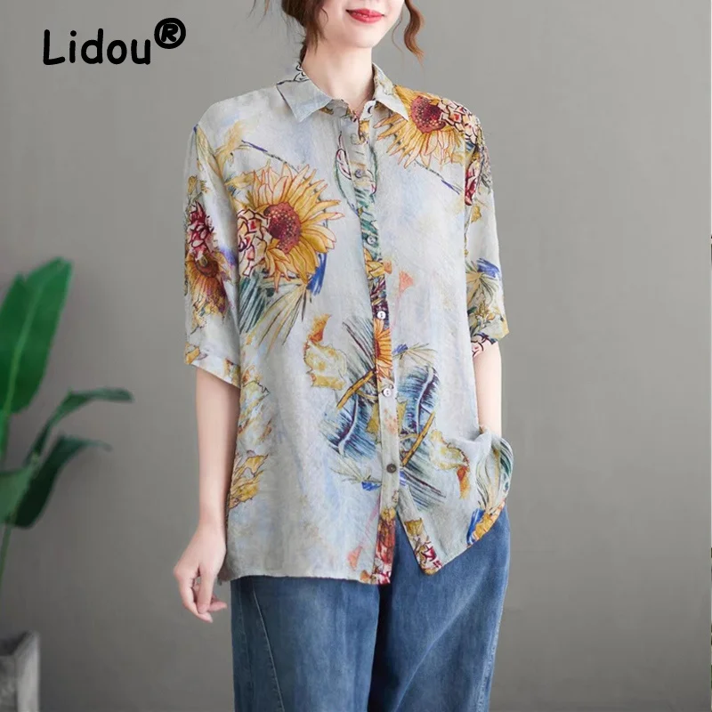 

Vintage Floral Print Simple Casual Loose Top Blouse Women Summer Fashion Half Sleeve Street Button Up Shirt Blusas Mujer Clothes