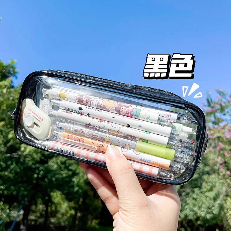 Kawaii Transparent Pencil Case Large Capacity Waterproof Pen Box for Girls Cosmetic Bag Stationery Office School Supplies