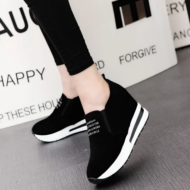 

Pop Women Leisure Platform Breathable Shoes Wedge Increase Shoes 2024 Spring Black Shoes Women Thick Base Height Increase Sneake