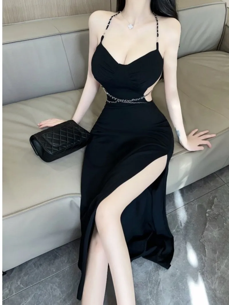 

WOMENGAGA Dress Elegant Sexy Nightclub Spicy Girl Hollow Out Waist High Slit Halter Neck Backless Black Long Dress Women I1Y1