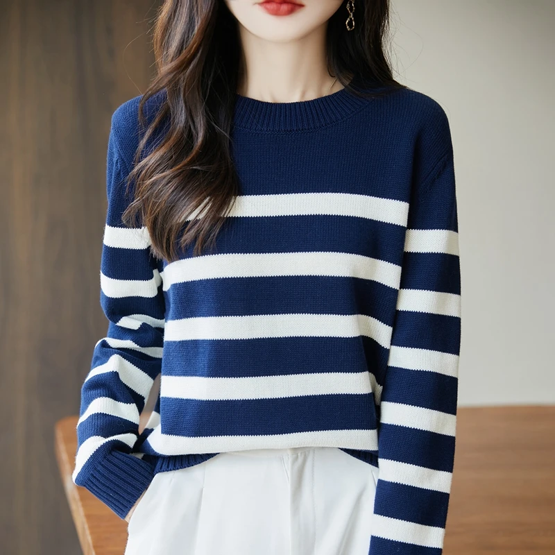 المرأة 100% القطن الخالص س الرقبة البلوز سترة الخريف والشتاء محبوك سترة مخططة فضفاضة وعصرية المرأة