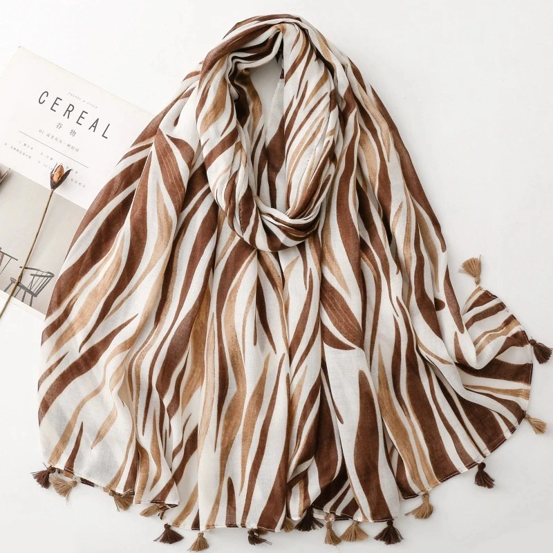 

Vacation Style Cotton Feeling Scarves Irregular Wave Tassel Beach Wraps Sunscreen Shawls for Women