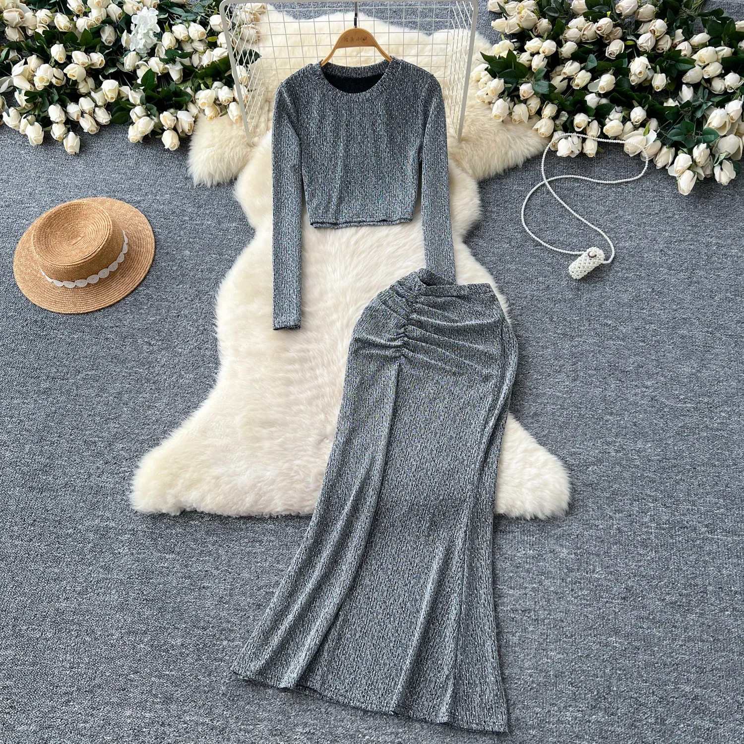 

Chic Women Two-Piece Sets Long Sleeve Rhinestone O-neck Slim Top and Sexy High Waist Pleated Pencil Skirt Korean Casual Clothing