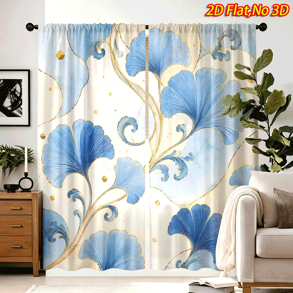 2PCS Luxury Curtains, Blue Ginkgo Gold Line, Digital Print, Bedroom Living Room, Office, Kitchen, Bathroom, Rod Pocket