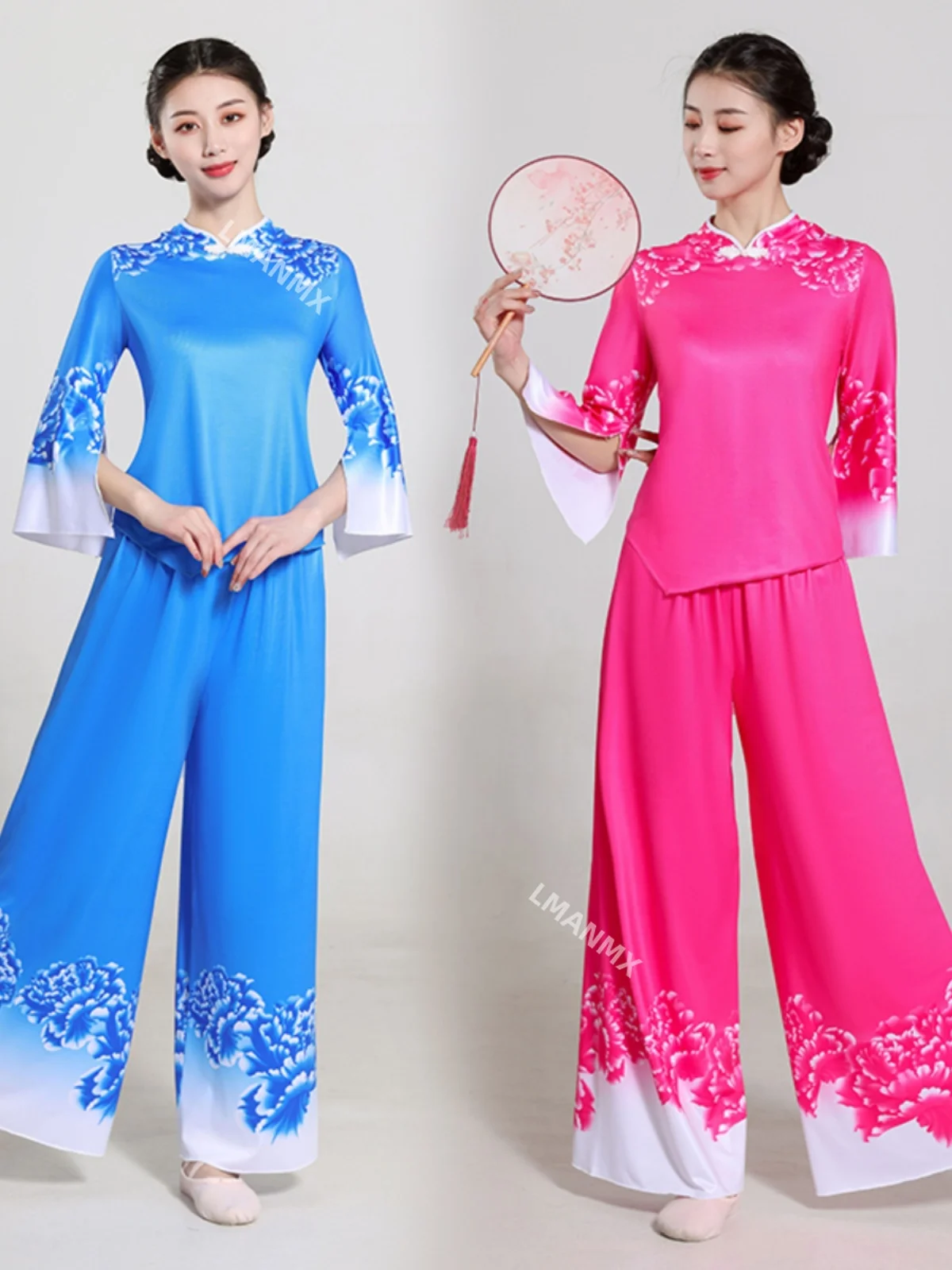 

New set of summer yangko costume performance costume for women, middle-aged and elderly, fan, ethnic classical dance set
