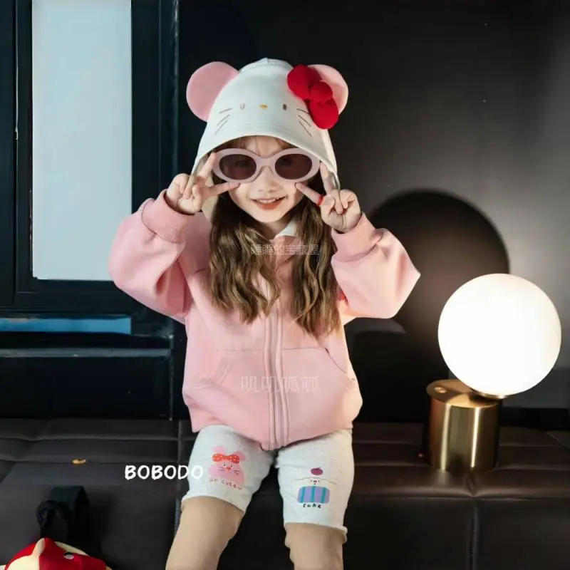 Children's Clothing Kawaii Kt Cat Cartoon Hooded Sweatshirt Coat Autumn Winter Kids Sweeet Fleece Long Sleeves Cardigan Jacket