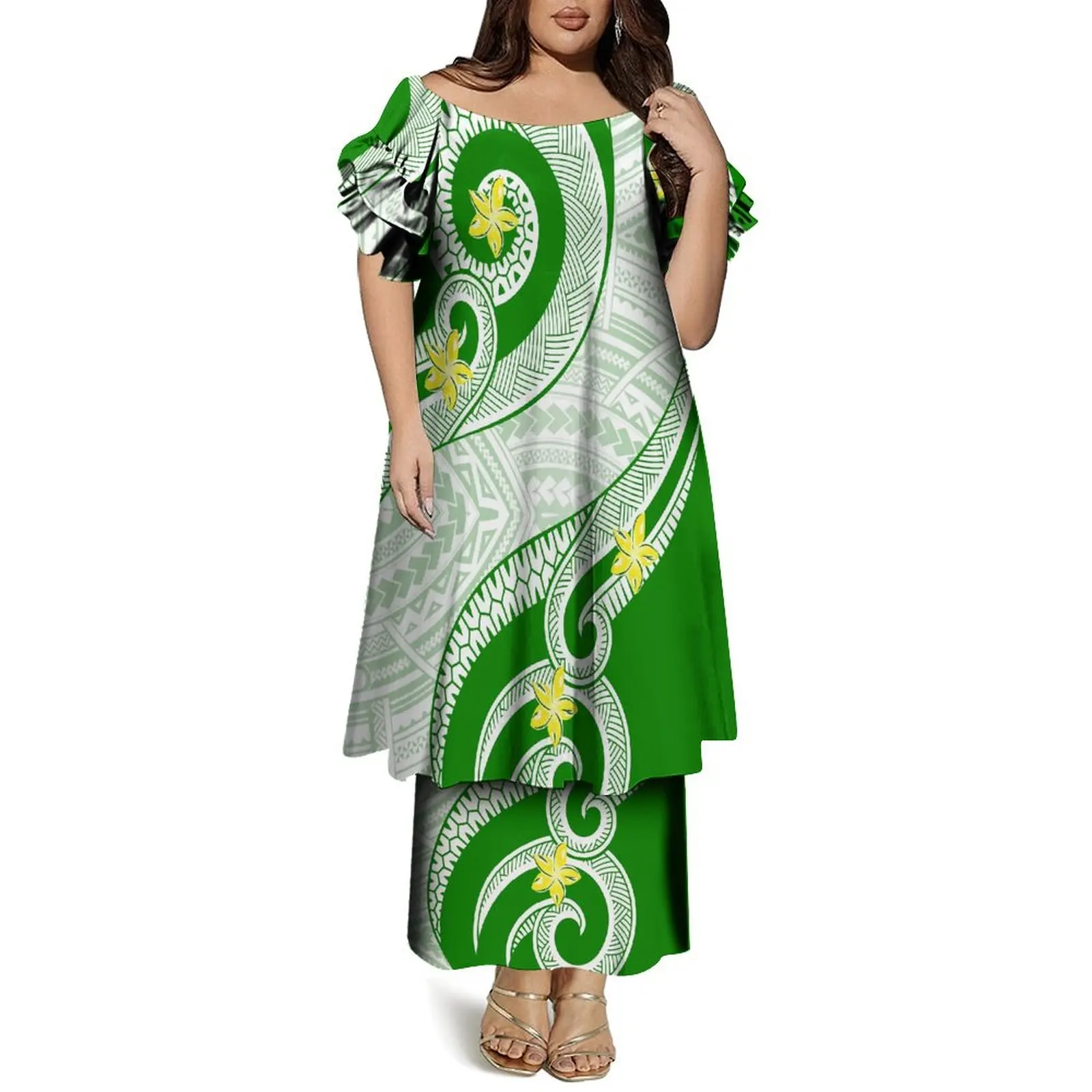 カスタムフリル半袖レディースドレス ポリネシア・サモア風プネタシドレス 2ピース パシフィックアイランドデザイン オフショルダードレス