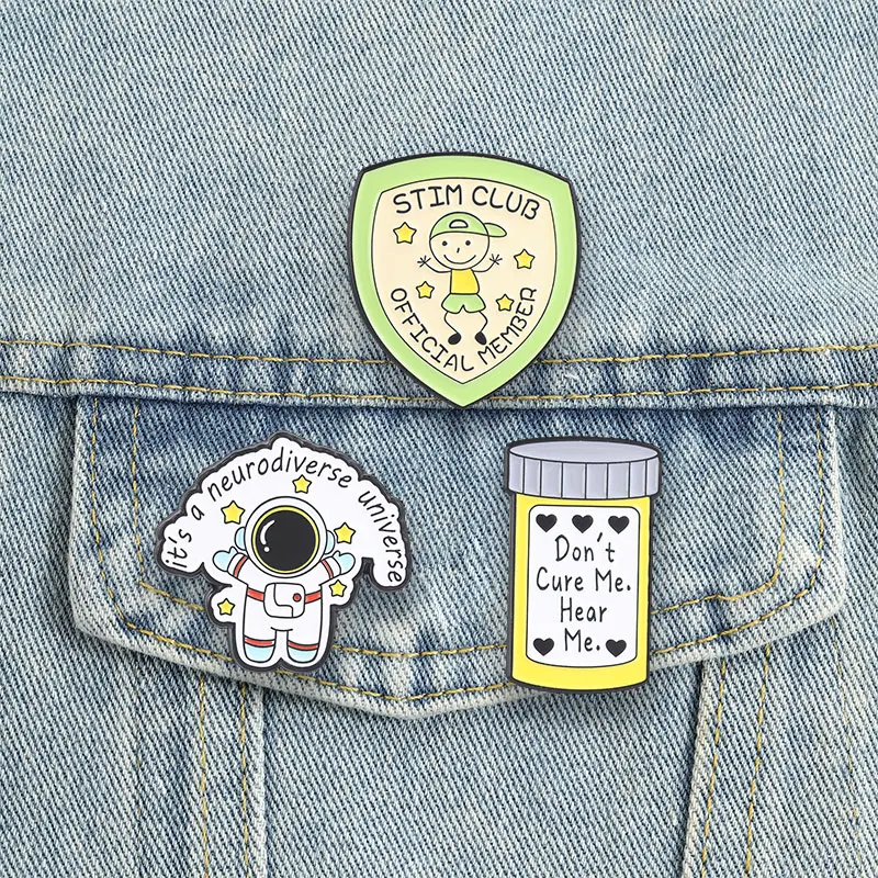 Neurodiversity Autism Enamel Pins Stim Club Astronaut Pill Bottle Brooches Lapel Badges Mental Health Awareness Jewelry Gift