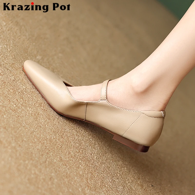 Krazing Pot Handmade Genuine Leather Shallow Buckle Strap Spring Dance Shoes Runway Mary Janes Solid Concise Women Ballet Flats