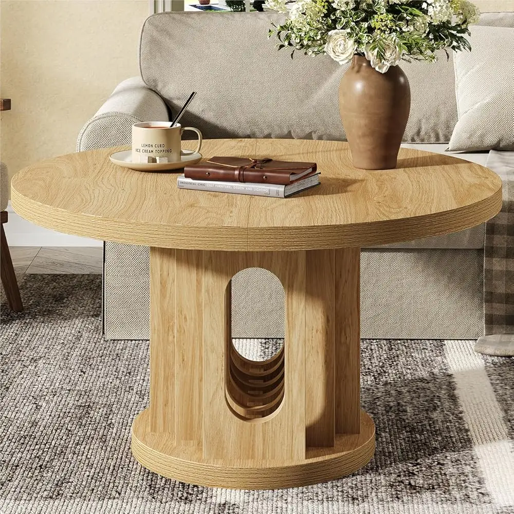 

Free Shipping31.5\ Round Coffee Table, Small Wooden Circle Center Table Hole Panel Splice Design Coffee Tables for Living Room,