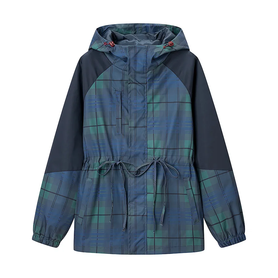 

New Women's European and American Style Contrast Color Loose Drawstring Waist Hooded Plaid Windbreaker Jacket