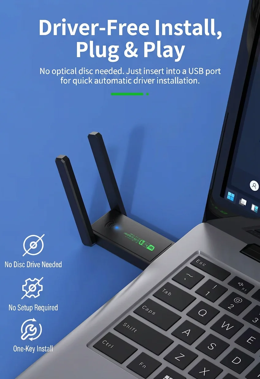 AX1300 WiFi6 USB Adapter Dual Band 2.4G/5G Bluetooth5.4 Driver-Free USB3.0 WiFi Receiver for Win10 Win11 PC Gaming Streaming