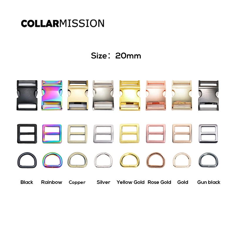 100set/lot(metal buckle+Tri-Glid+D ring)for garment luggage backpack cat dog collar DIY accessory 8 Colours 15mm to 30mm 5 sizes