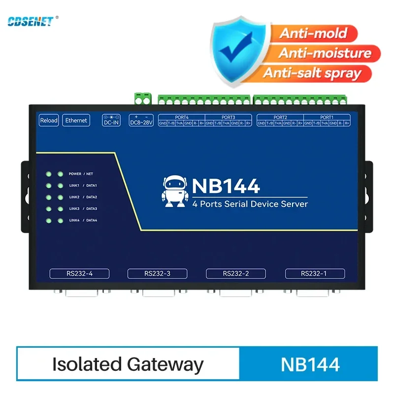 

RS485 RS232 RS422 to Ethernet Isolated 4 Channel Serial Service CDSENET NB144 TCP UDP MQTT HTTP Modbus Storage Gateway Watchdog
