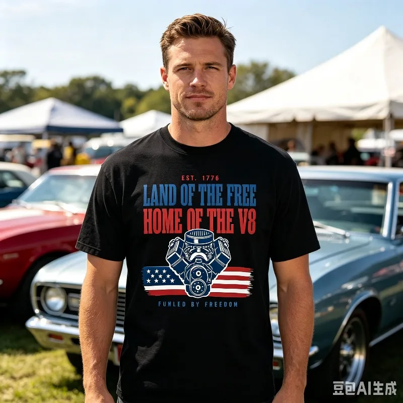 Men’s Car Club T-Shirt “LAND OF THE FREE HOME OF THE V8” Engine Flag Print Soft Modal Tee Casual Top for Car Show Street Use
