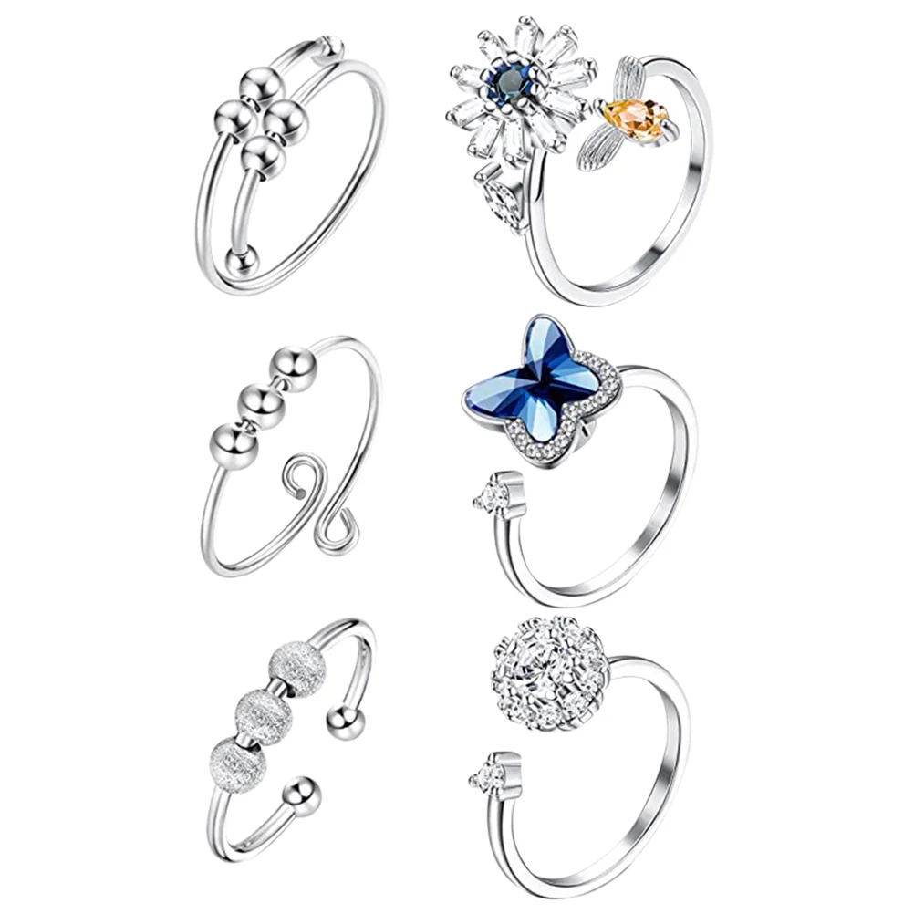 

6 Pcs Simple Adjustable Swivel Ring Men and Women Beads Ladies Rings Copper Rotatable