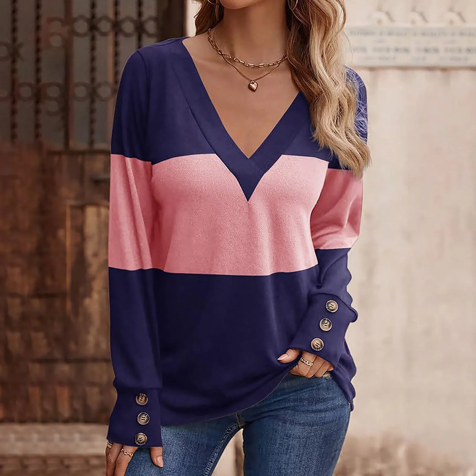 

Ladies Casual V-Neck Pullover Sweater Women's Long Sleeve Colour Block Splicing Button Decoration Elegant Temperament Top