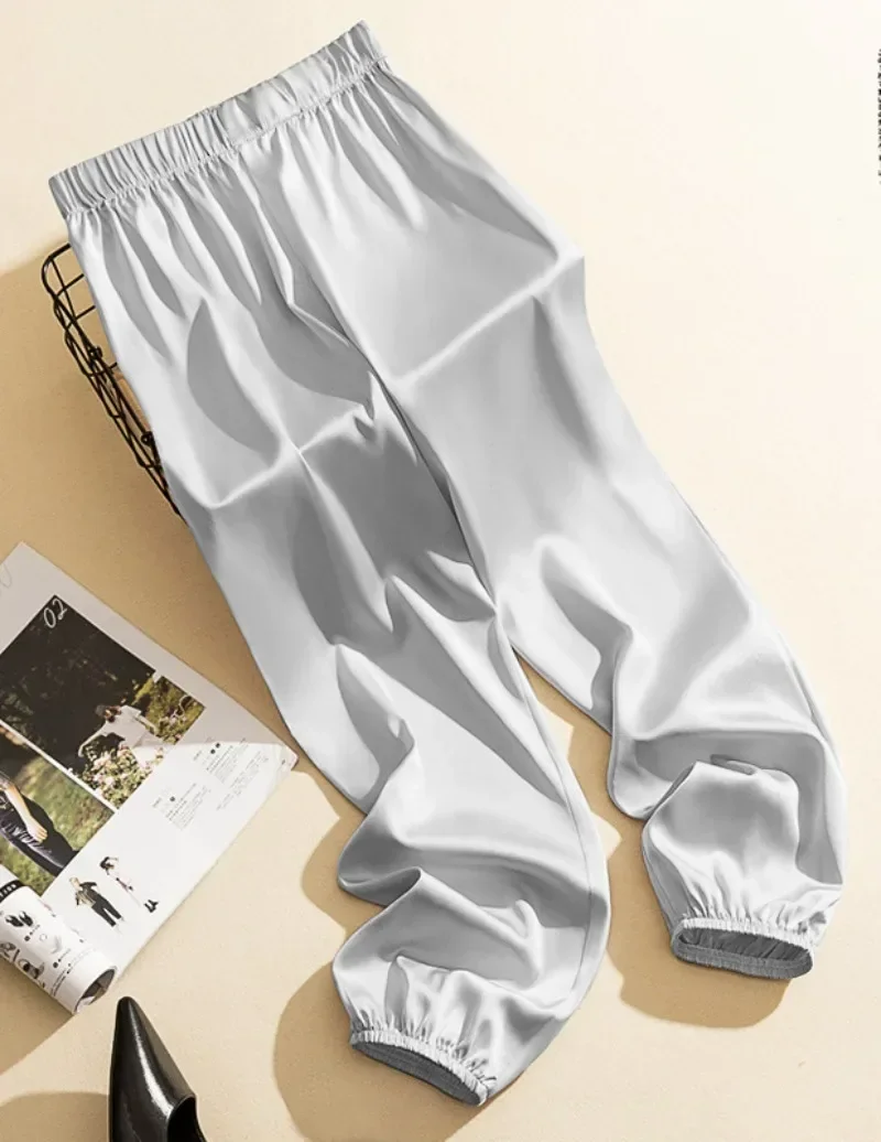 Hight Wais Ice Silk Acetate Wide Leg Pants For Women Summer Loose Silk Satin Knickerbockers Silk Pants Ankle Length Trousers Y2k