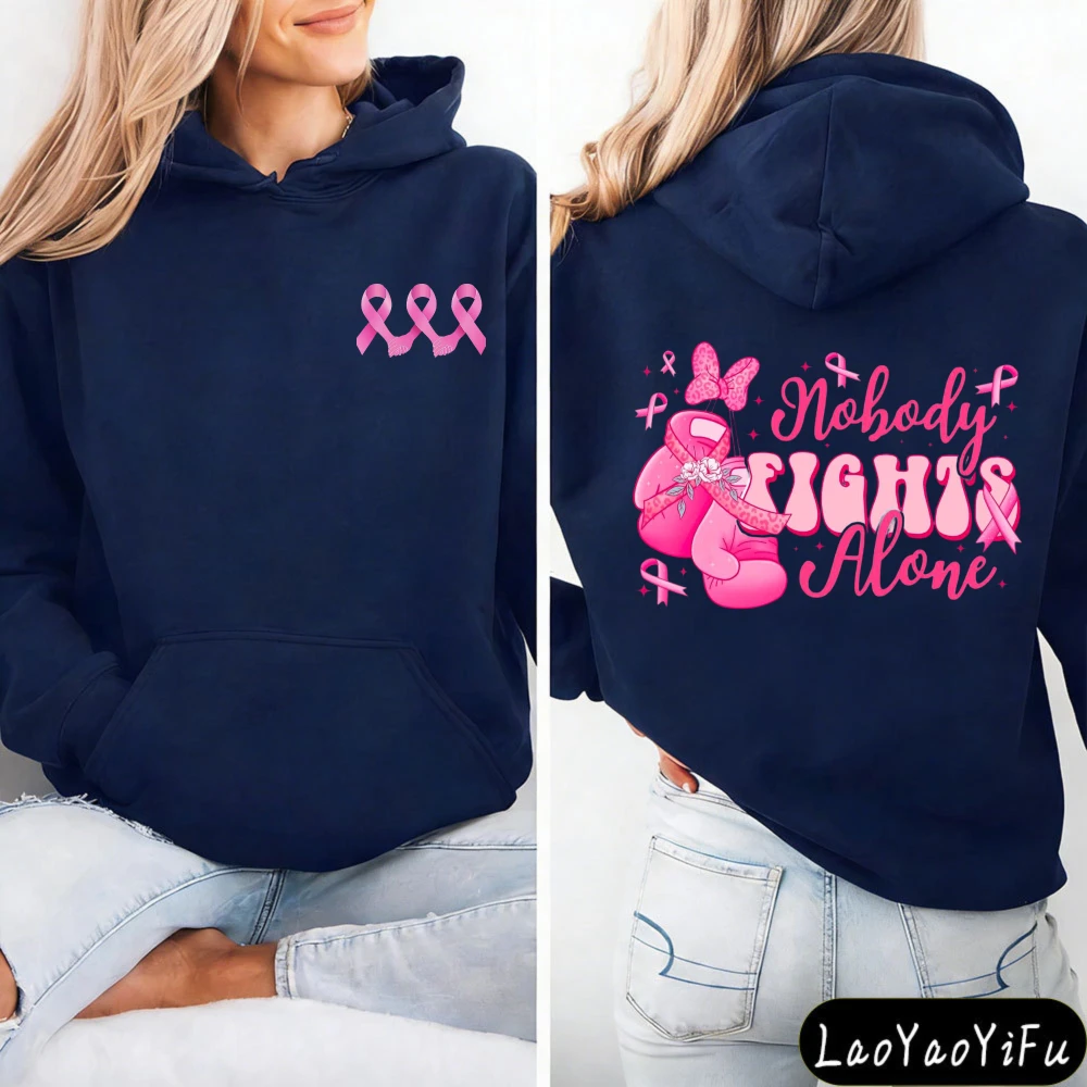 Cancer Support Hoodie Nobody Fights Alone Breast Cancer Awareness Pink Ribbon Boxing Gloves Bow Men Women Long Sleeve Sweatshirt