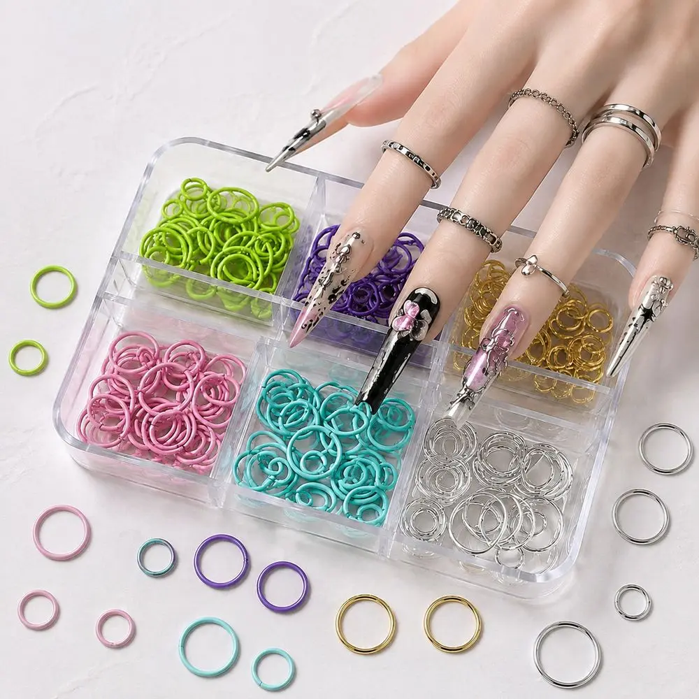 6Grids Punk Caviar Nail Accessory Set Multi‑Size Metal Open Jump Rings Hollow Circle Loop Charms For Professional Salon Manicure
