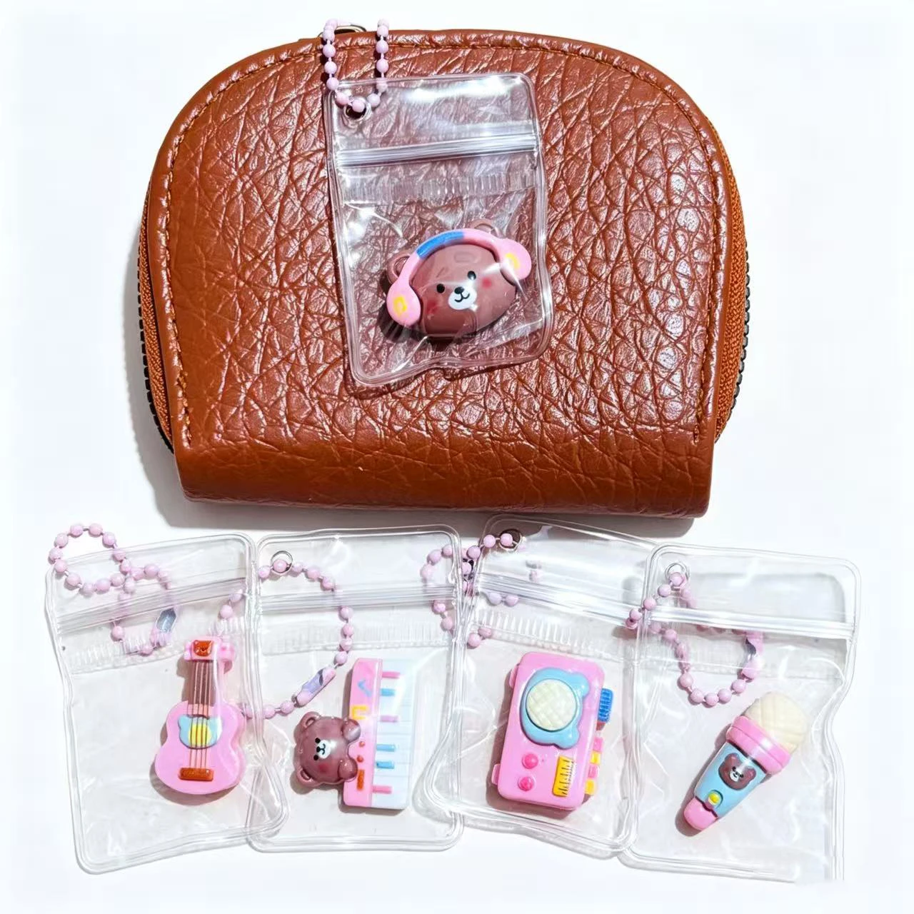 5pcs Cute Bear Musical Series Resin Keychain Charms Guitar Microphone Piano Radio Bag Pendants for DIY Accessories