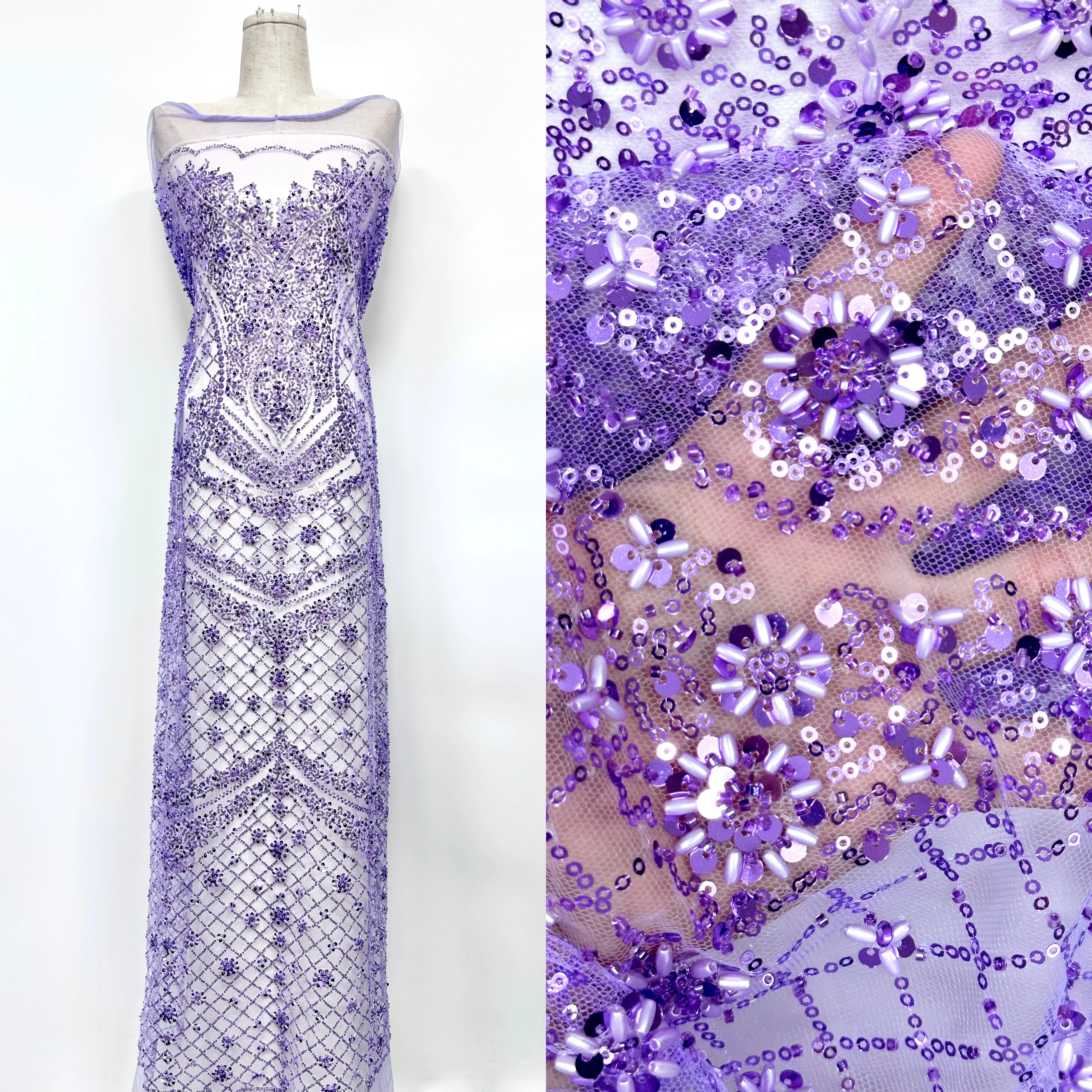 

French Style Bridal Lace Beaded Net Mesh Fabric with Sequins And Embroidery European Classic for Nigerian Wedding Party Dress