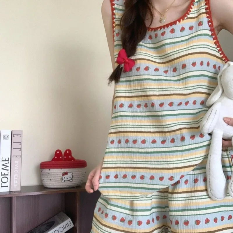 New Woman Summer Pajamas Ladies Tank Shorts Two-Piece Sleepwear Girls Homewear Student Outfits Outside Casual Home Clothes Women