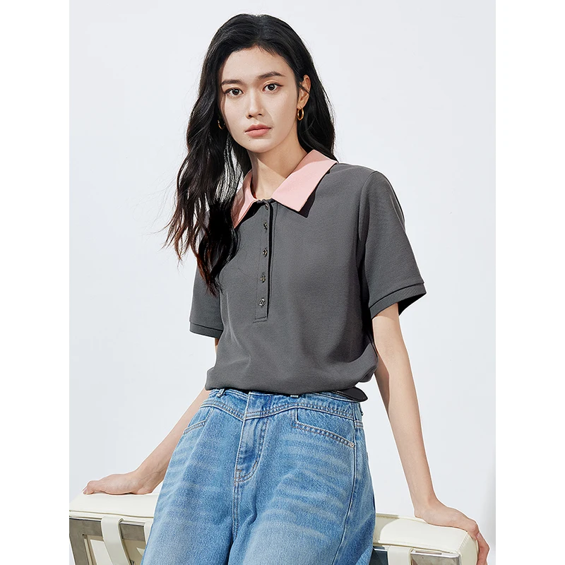 TOYOUTH Women T-shirt 2024 Summer New Contrast Color Polo Collar Pearl Open Split Short Sleeve Pullover Tops