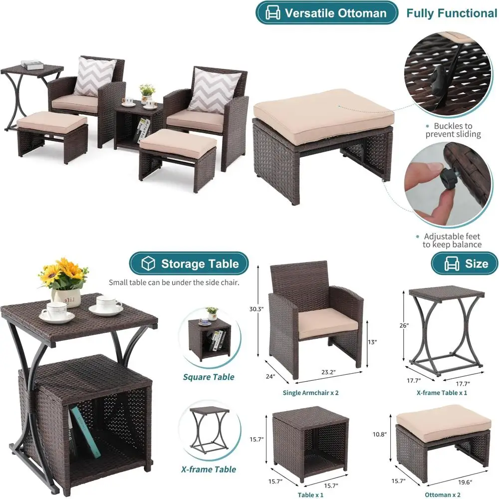 

Всепогодный комплект плетеной мебели для патио на открытом воздухе, набор из ротанга из 6 предметов для балкона с пуфиком, компактные стулья для гнездования, Weather-Re