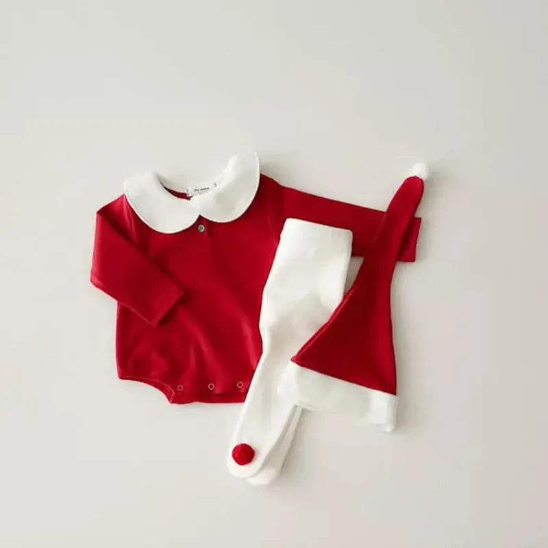 Christmas Baby Clothing Red Green Solid Color Romper Hat 2pcs Sets Infant Boy Girl Festival Xmas Clothes New Year Jumpsuit