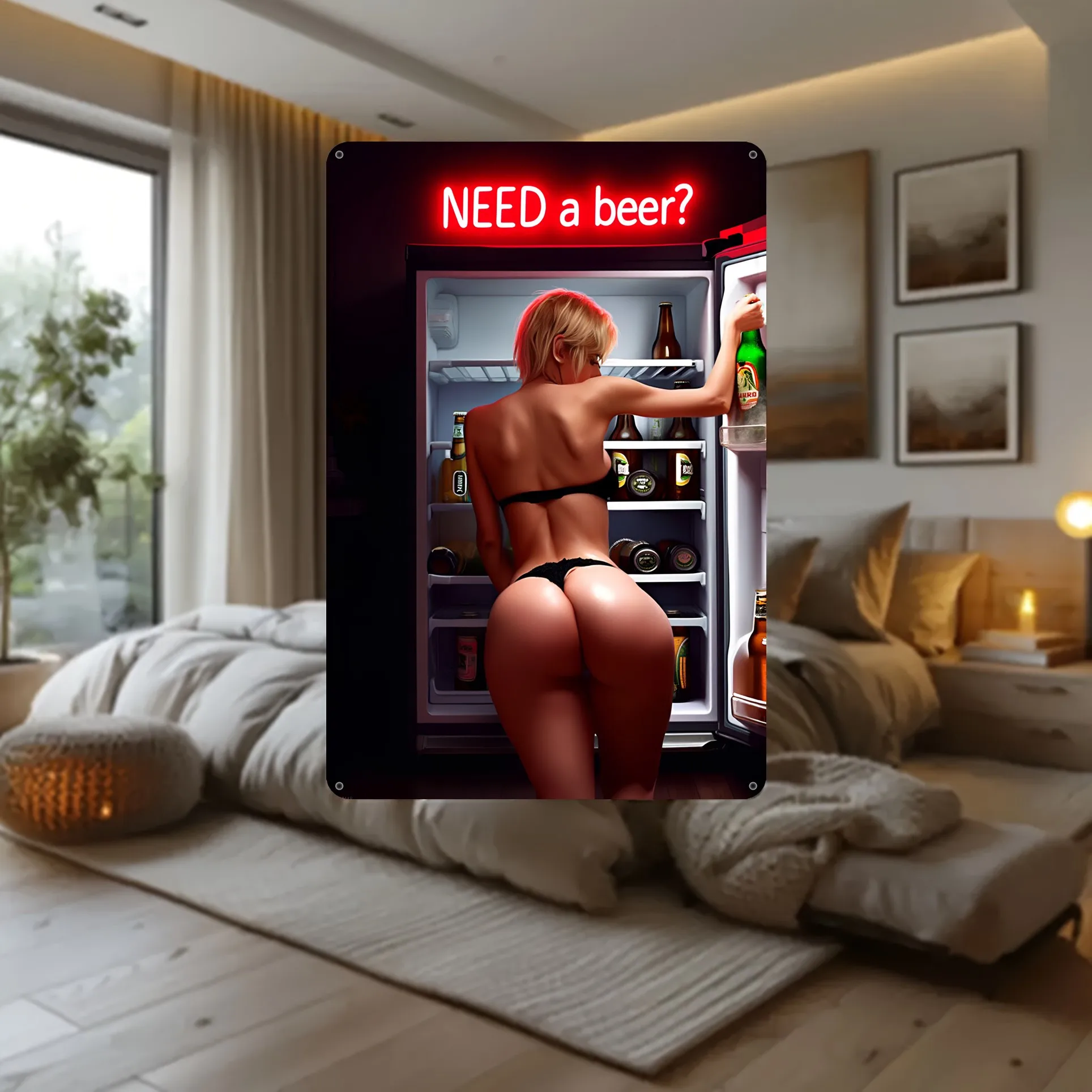 Una escena iluminada por neón con "¡necesita cerveza vibratoria?" Letrero de metal perfecto para estudios de moda o bares modernos.