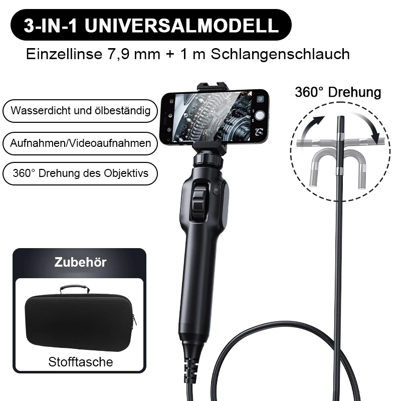 Industrial Endoscope Camera 360° Omni-view 200MP, 6nmov Sensor, 8 LEDs for Pipe, Auto, Appliance Maintenance & Blockage Checks