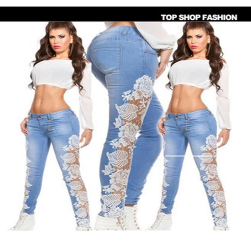 

Sexy Lace Hollow out Trim Denim Jeans Women's High Waist Micro Stretch Spring 2025 Light Maturi Sle No Brand Universal Fit