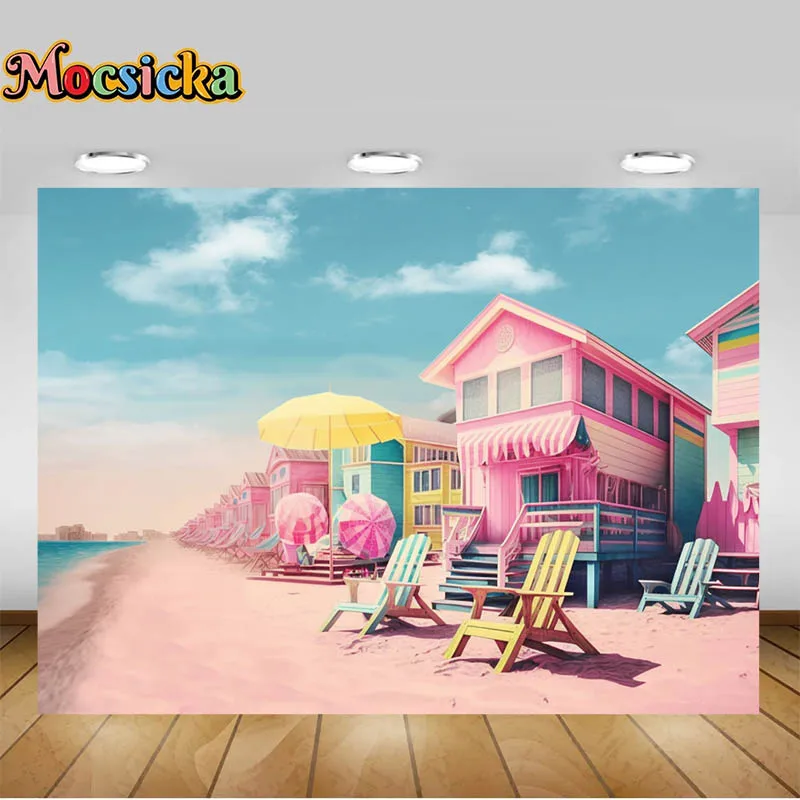 Mocsicka Doll Beach Digital Backdrop Beach with Umbrellas and Mansions Ferris Wheel Turquoise Ocean Kids Photography Background